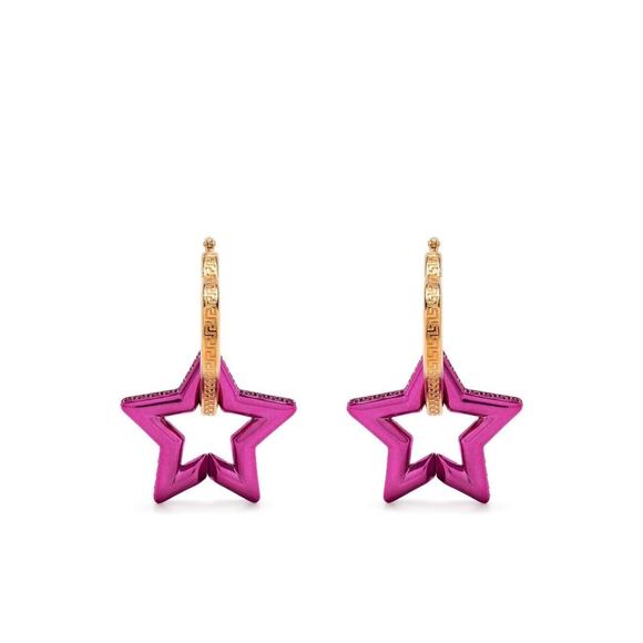 NIB Versace Heart Star Charm Greca Engraved Funky Gold Pink Hoop Earrings $925 - Picture 2 of 12